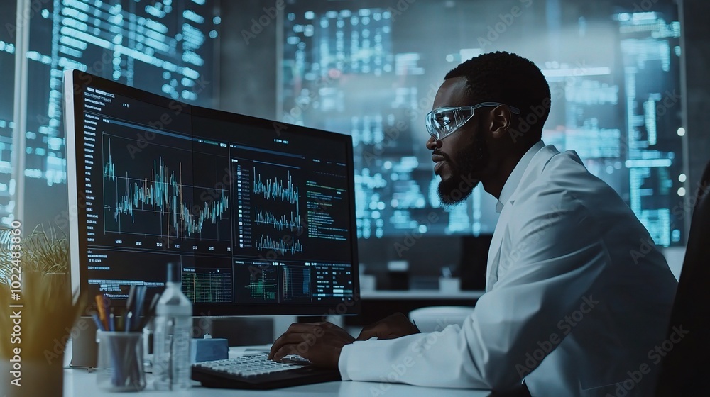 Poster scientist analyzing data on large computer screen