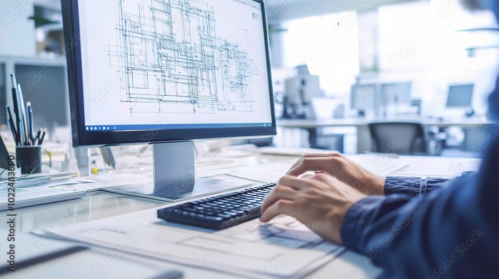 Aufkleber workspace with computer and technical drawings