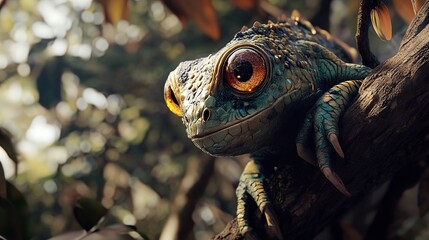 Fototapeta premium Close-Up Portrait of a Green Lizard with Striking Eyes