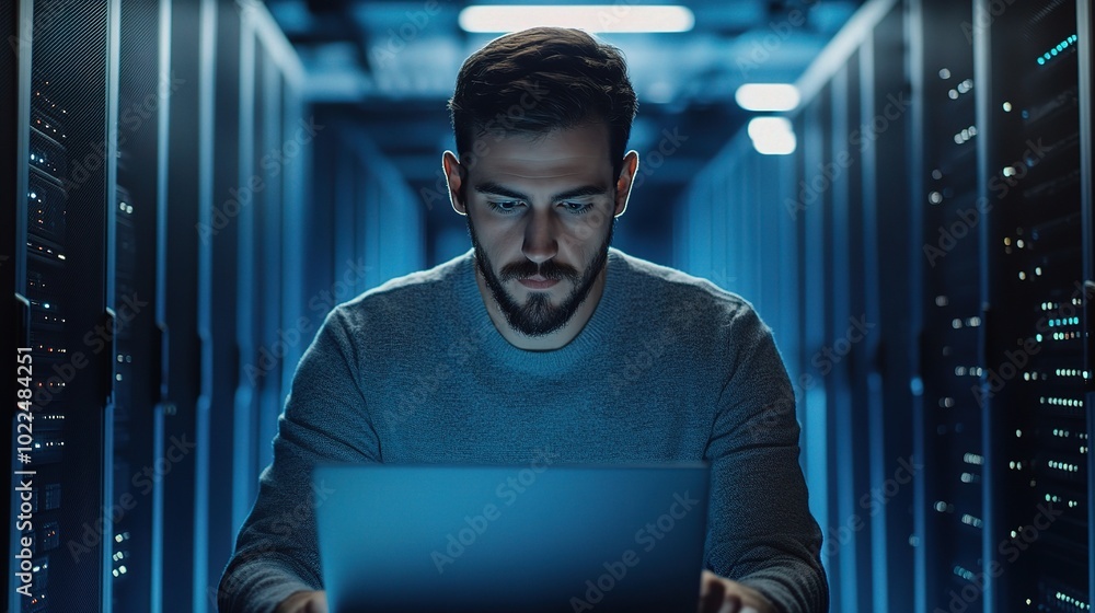 Poster technology professional working in data center environment