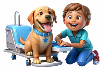 Joyful Child Laughing with Therapy Dog in Hospital - Capturing the Healing Power of Pet Therapy in Medical Environments | Candid Photo Stock Concept