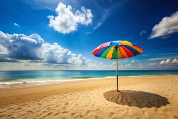 Vibrant Beach Umbrella Under Clear Blue Sky - Summer Vibes and Relaxation