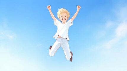 Fototapeta premium Joyful little blonde boy in a white t-shirt and blue pants, smiling and jumping with happiness against a light sky background.