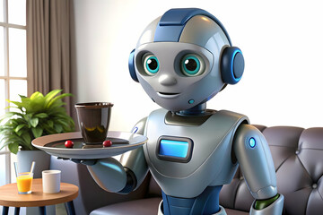 Macro Image of Futuristic Robot Assistant Serving a Beverage in Cozy Living Room - Advanced Technology Providing Convenience and Comfort at Home in Photo Stock Concept
