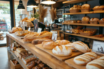 Freshly baked bread displayed in rustic bakery.