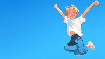 Obraz premium Joyful little blonde boy in blue pants and a white t-shirt, smiling and jumping with his hands raised against a clear blue sky.