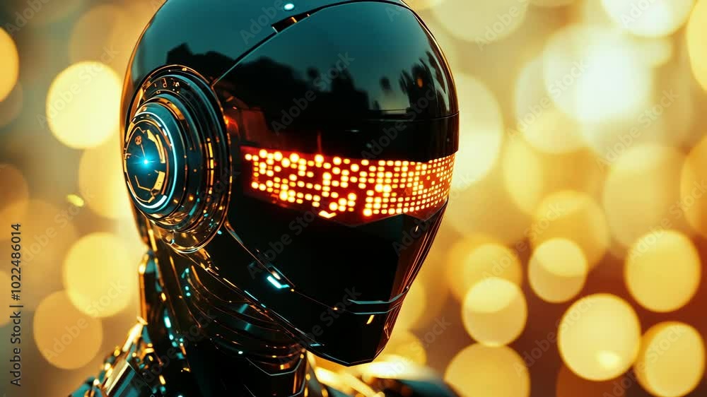 Poster a close-up of a robot's helmet with glowing lights in a futuristic setting