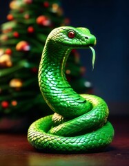 Fototapeta premium Cute green snake, symbol of 2025 according to the eastern calendar. The snake symbolizes wisdom, vitality, immortality, and healing powers. New Year card