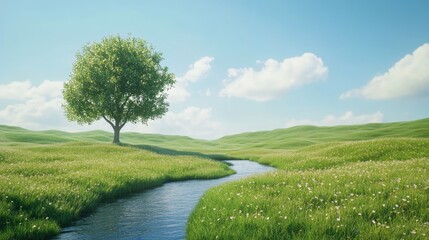 beautiful nature with a tree, green grass and river landscape