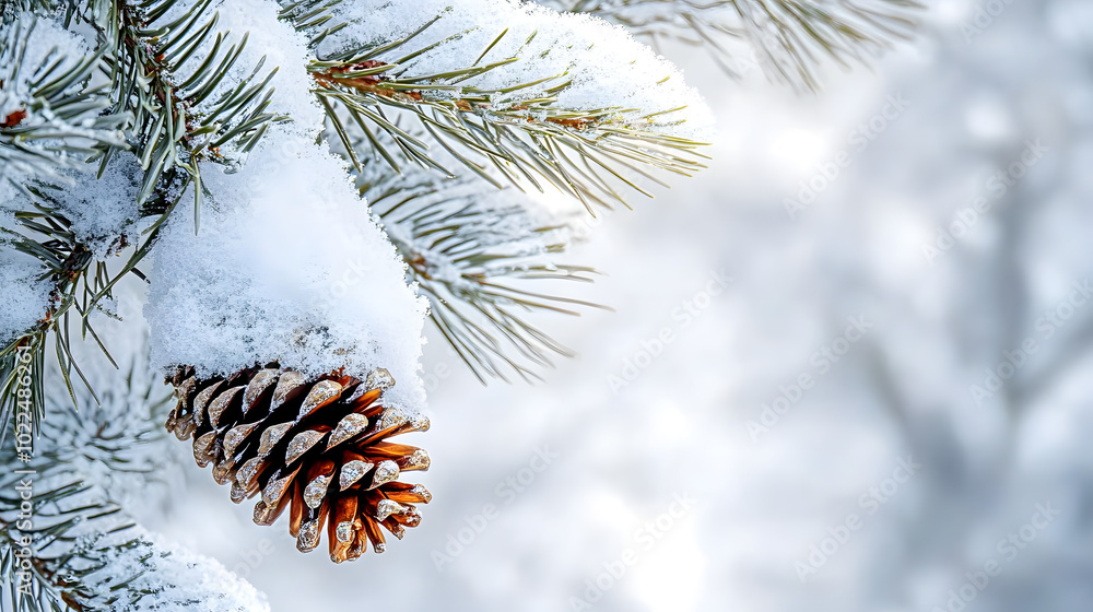 Canvas Prints A pine tree with a pinecone on a snow-covered branch and a snow-covered pinecone in its middle