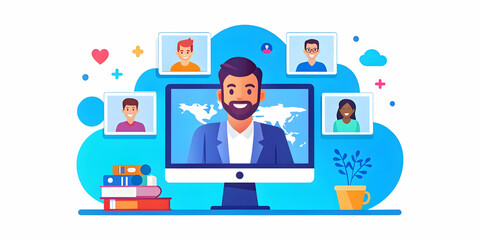 Candid Image of a Man in a Virtual Meeting with Diverse International Colleagues: Happy Global Collaboration from Home Desk in Photo Stock Concept