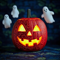 Glowing jackolantern with detailed carvings, emanating bright neon light, surrounded by eerie floating ghosts, Halloween pumpkin, vibrant ghostly glow