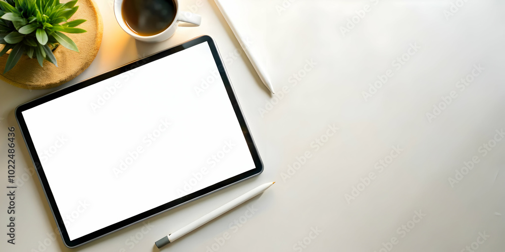 Poster creative workspace concept: minimalist tablet and stylus on plain background with copy space for wor