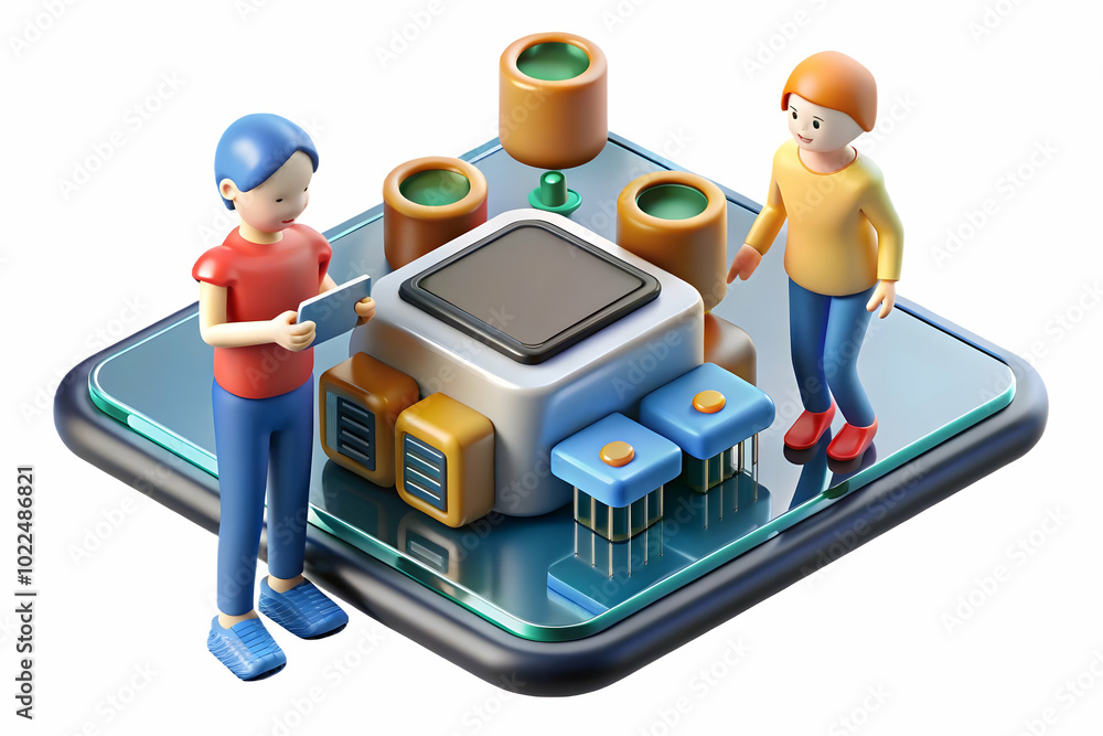 Poster close up of a family collaboratively assembling a high-tech gadget with micro components: emphasizin