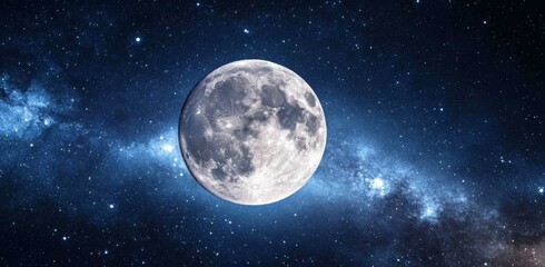 Naklejka premium Full moon against a backdrop of space, with stars and galaxies twinkling in the night sky.
