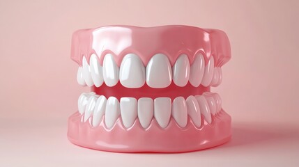 Perfect Smile: A close-up shot of a healthy set of human teeth in a pink gum model, showcasing bright, pearly whites against a soft pink backdrop. This image is ideal for dental practices.