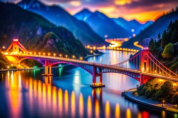 Fototapeta premium Vibrant Tilt-Shift Photography of a Colorful Bridge in the Mountains at Night