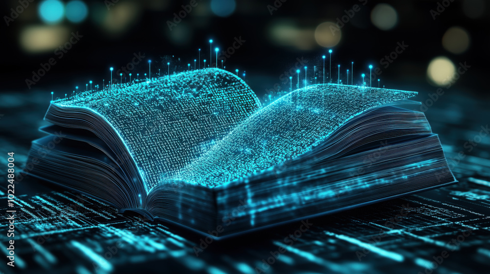 Poster digital book with glowing data streams, symbolizing knowledge and technology