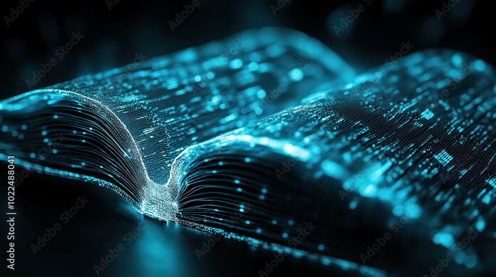 Poster digital book glowing with data streams, representing knowledge and technology