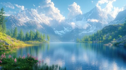 Fototapeta premium Serene mountain landscape with a tranquil lake and lush greenery.