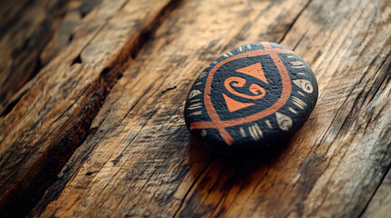 black and orange painted stone on rustic wooden background