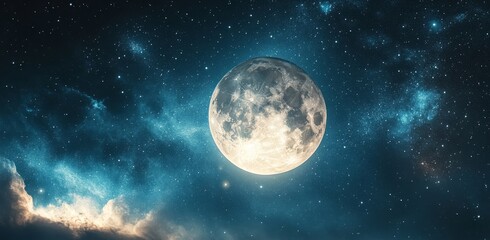 Full moon against a backdrop of space, with stars and galaxies twinkling in the night sky.