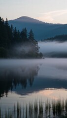Morning mist rising over a calm lake background for invitation or card screensaver