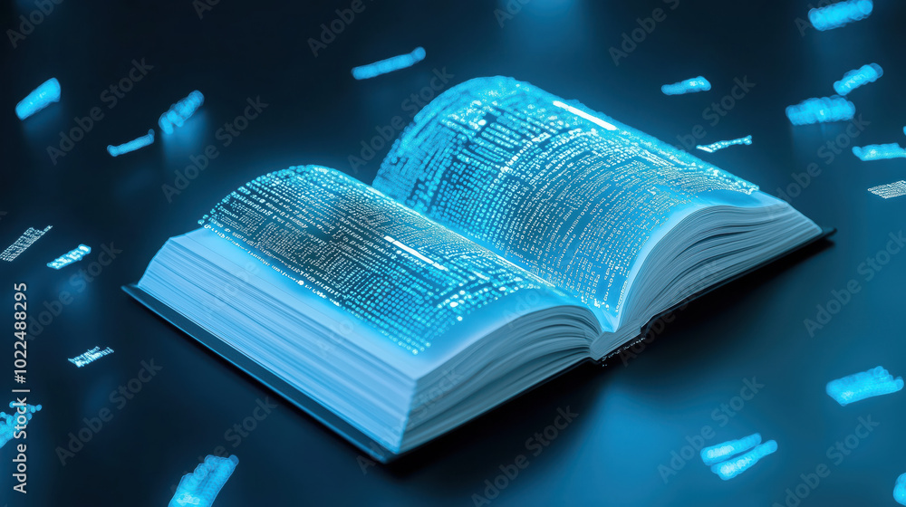 Aufkleber digital book glowing with data streams, symbolizing knowledge and technology