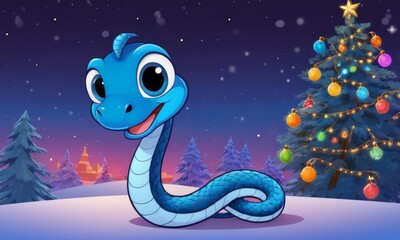 Fototapeta premium Cute green snake, symbol of 2025 according to the eastern calendar. The snake symbolizes wisdom, vitality, immortality, and healing powers. New Year card