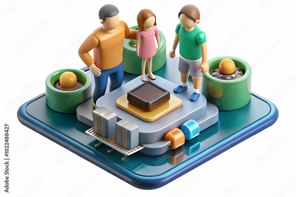 Poster close-up of a family collaborating to assemble a high-tech gadget with micro components: a beautiful