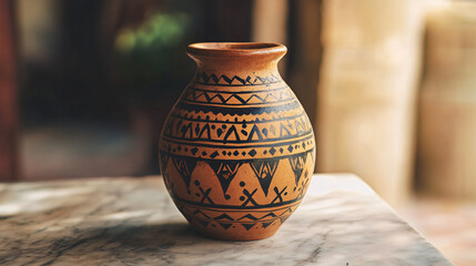 earthenware pot with tribal design on marble tabletop