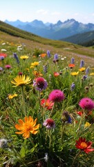 Fototapeta premium Mountain meadow with colorful wildflowers and distant peaks background for invitation or card screensaver