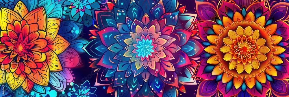 Poster floral mandalas display vibrant colors and intricate patterns, creating a mesmerizing visual experie