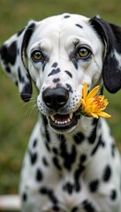 Playful Dalmatian dog holding yellow flower in mouth with friendly expression outdoors