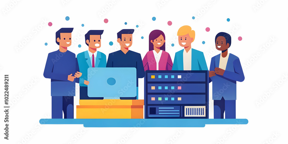 Poster candid shot of it team collaboratively solving network issue around equipment in ambient office ligh