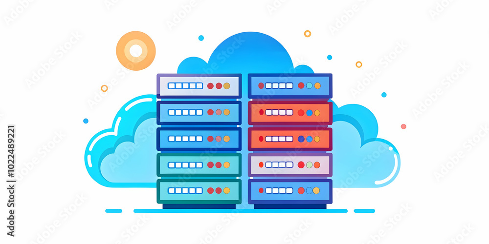Poster glossy server racks with cloud icons - conceptual photo representing cloud infrastructure developmen