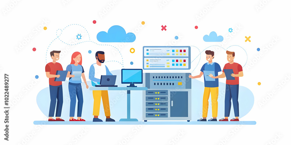Poster candid shot of it team collaboratively solving network issue around equipment in ambient office ligh