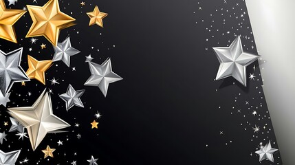 Black background with silver and gold stars scattered on the sides and a white glow on the right side.