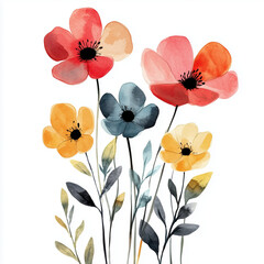 flowers,watercolor,minimalistic flat vector illustration,plain white background