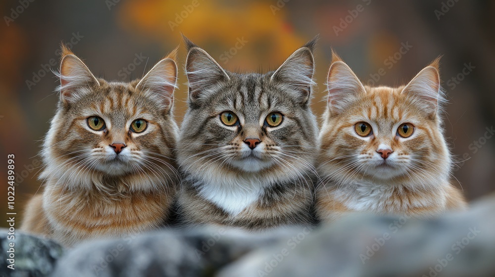 Poster three cats with distinct fur patterns and expressions.