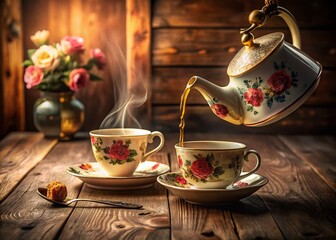 Fototapeta premium Vintage Floral Teapot with Steamy Cup of Tea in Nostalgic Kitchen Setting for Cozy Home Decor