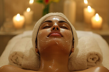 "Relaxed Woman Indulging in a Rejuvenating Facial Treatment"