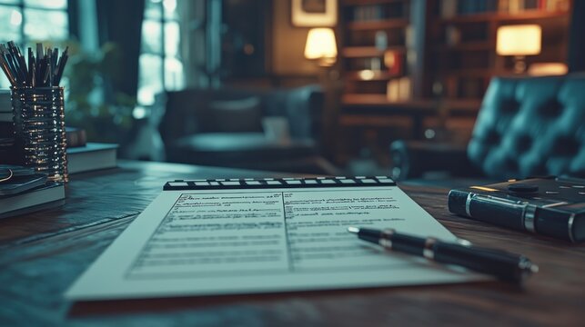 An artistic arrangement of a film script with a clapperboard and pen on a table, reflecting creative purpose and the art of storytelling.