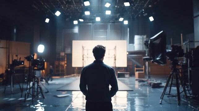 An actor quietly rehearsing lines on an empty movie set, showcasing a reflective and focused preparation process for a role.