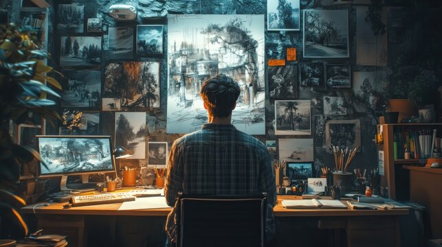 A detailed storyboard artist creatively sketching movie scenes, illustrating the imaginative process of visual storytelling.
