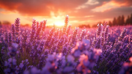 A vibrant lavender field at sunset, showcasing nature's beauty.