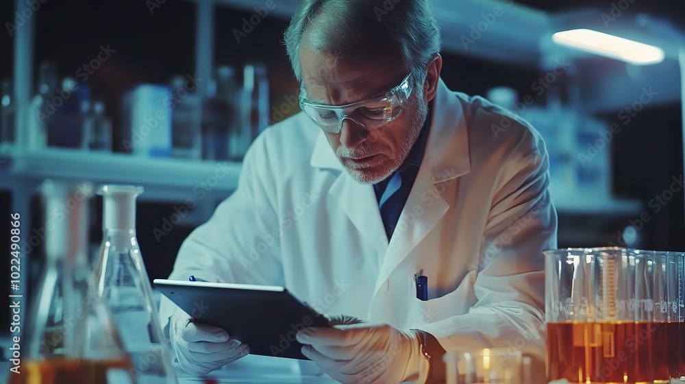 Poster scientist analyzing data in laboratory setting