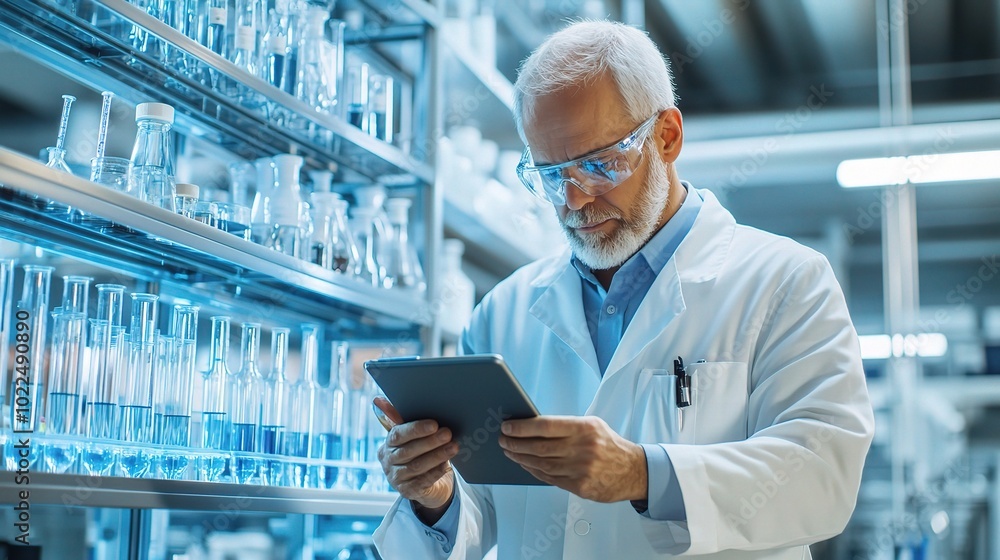 Poster scientist analyzing data in modern laboratory setting