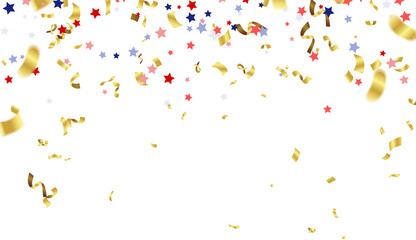 Celebration background template with confetti and colorful ribbons.