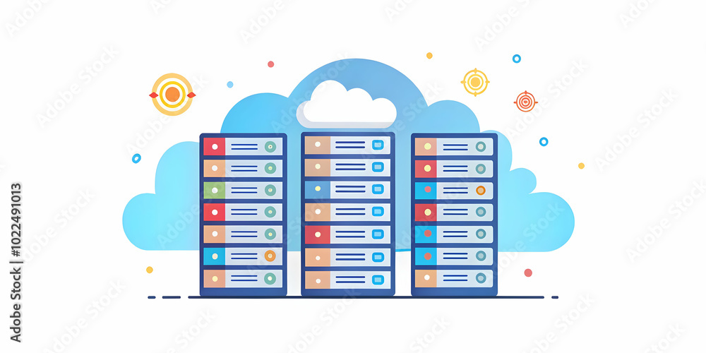 Poster glossy server racks with cloud icons: a visual concept showcasing cloud infrastructure development c